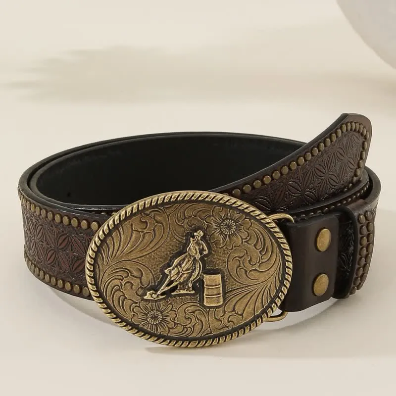 Western Style Rivet Embossed Weave Pattern Leather Belt sold by FloralTrip