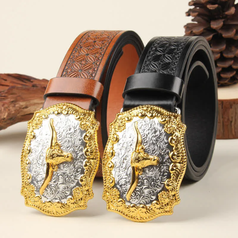 Gold & Silver Western Bull Buckle Leather Belt sold by FloralTrip