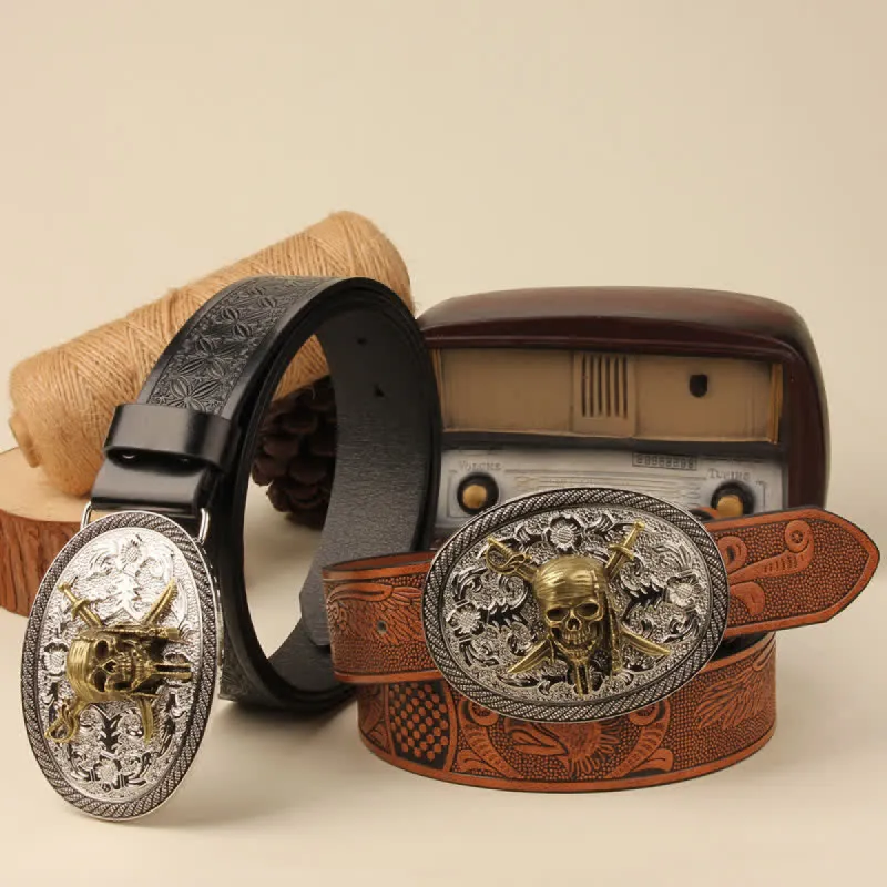 Gold Vampire Skull & Dual Swords Silver Buckle Leather Belt sold by FloralTrip