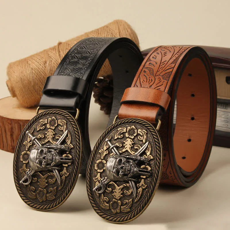 Vampire Skull & Dual Swords Buckle Leather Belt sold by FloralTrip