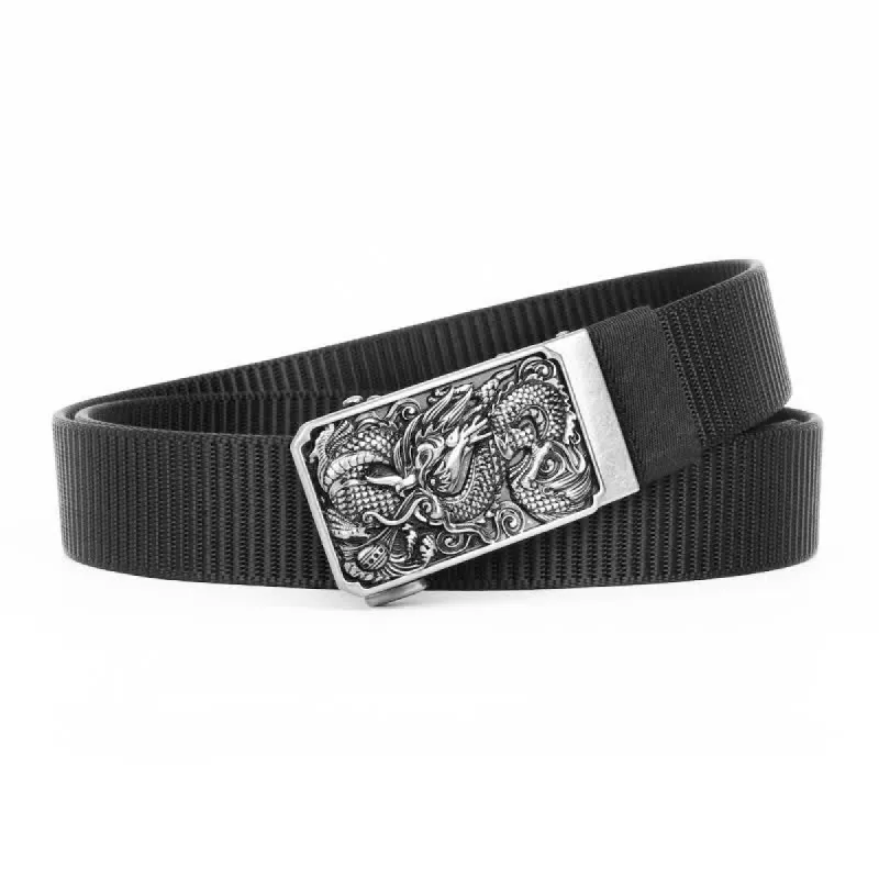 Men's Silver Coiled Dragon Automatic Buckle Nylon Belt sold by FloralTrip