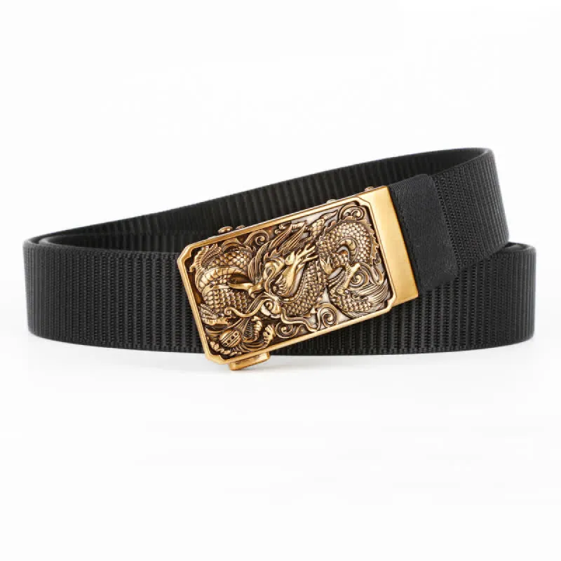 Men's Gold Coiled Dragon Automatic Buckle Nylon Belt sold by FloralTrip