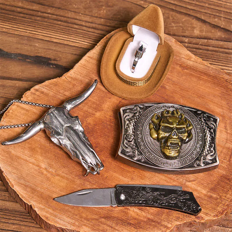 Gold Skull DIY Hidden Knife Belt Buckle Bull Pendant Tactical Ring Bundle Set sold by FloralTrip product image thumbnail 2