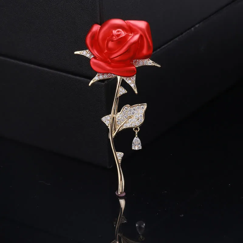 Elegant Gentle Red Rose Zircon Brooch sold by FloralTrip