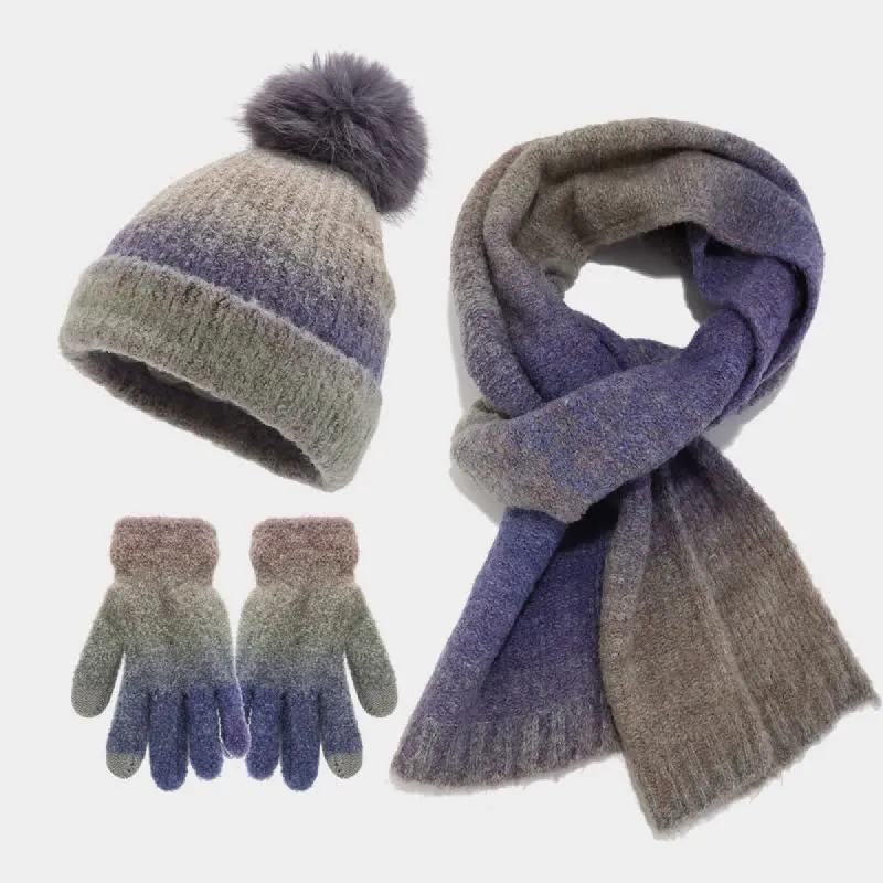 3Pcs Unisex Colorful Tie-Dyed Fur Ball Knitted Hat Scarf Gloves Set sold by FloralTrip