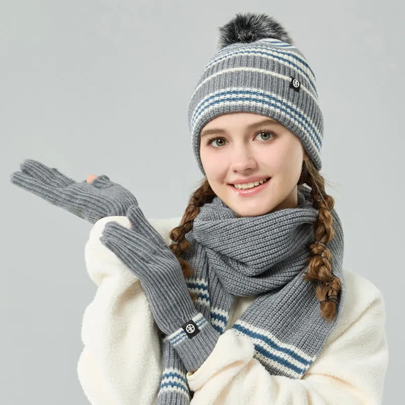 3Pcs Unisex Striped Pattern Fur Ball Knitted Hat Scarf Gloves Set sold by FloralTrip product image thumbnail 5