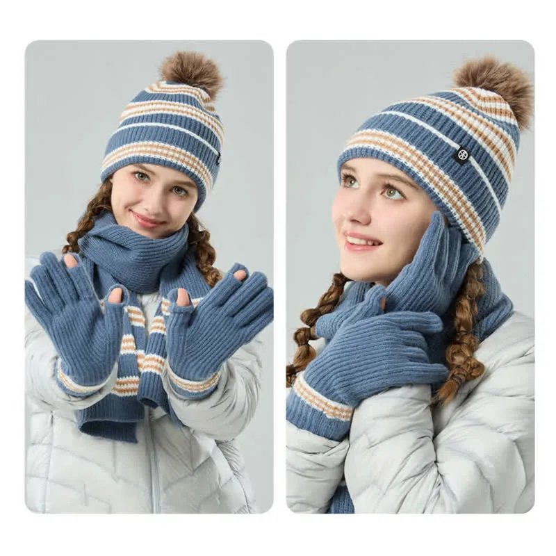 3Pcs Unisex Striped Pattern Fur Ball Knitted Hat Scarf Gloves Set sold by FloralTrip product image thumbnail 3