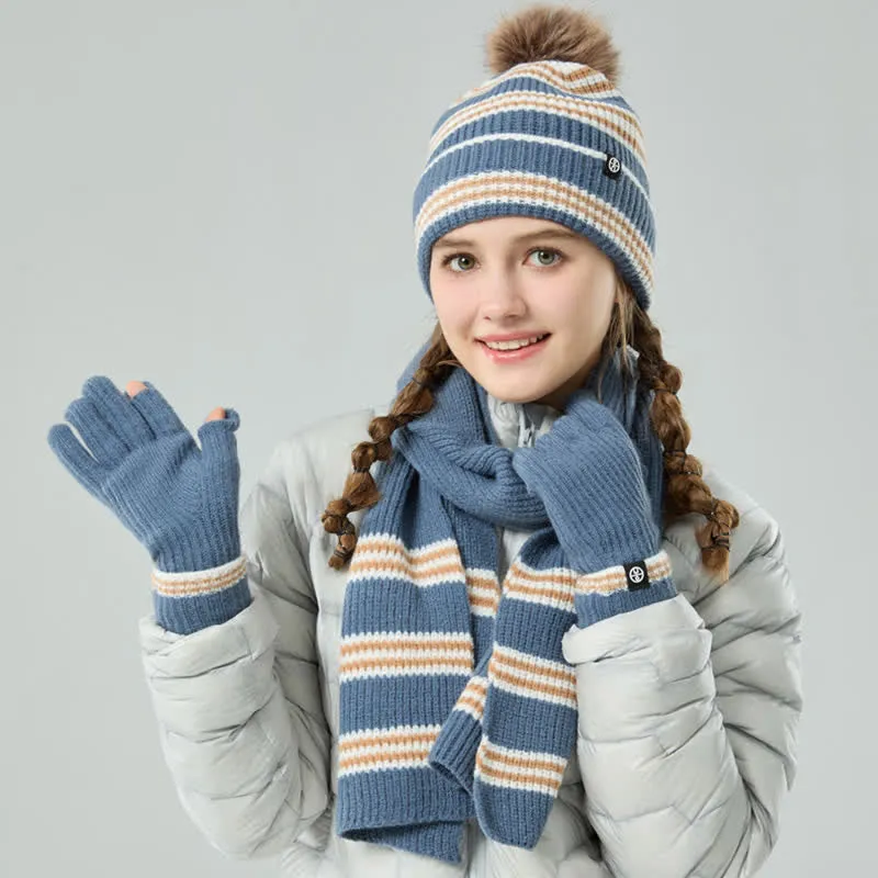 3Pcs Unisex Striped Pattern Fur Ball Knitted Hat Scarf Gloves Set sold by FloralTrip product image thumbnail 2