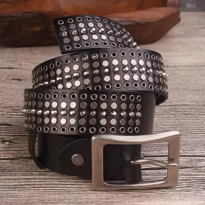 Rock Five Row Silver Studded Rivets Leather Belt sold by FloralTrip