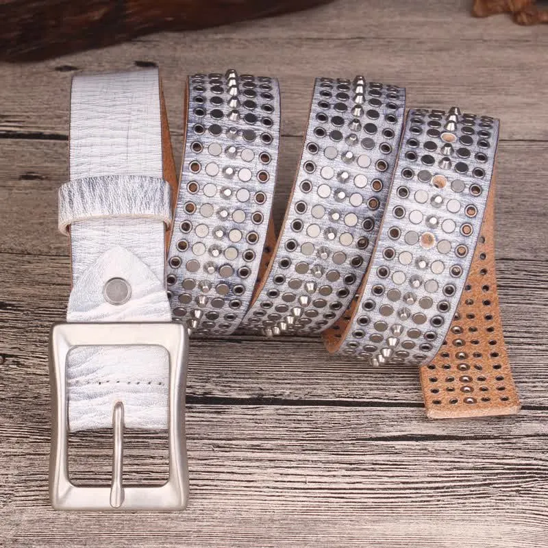 Rock Five Row Silver Studded Rivets Leather Belt sold by FloralTrip product image thumbnail 5