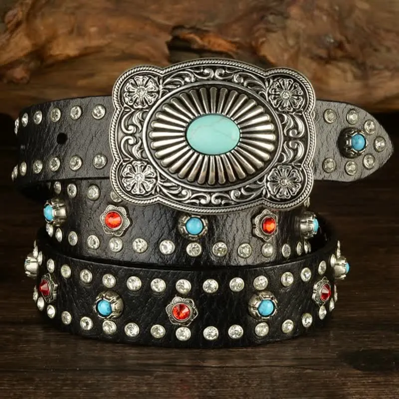 Gothic Red & Blue Gem Rivets Retro Black Leather Belt sold by FloralTrip