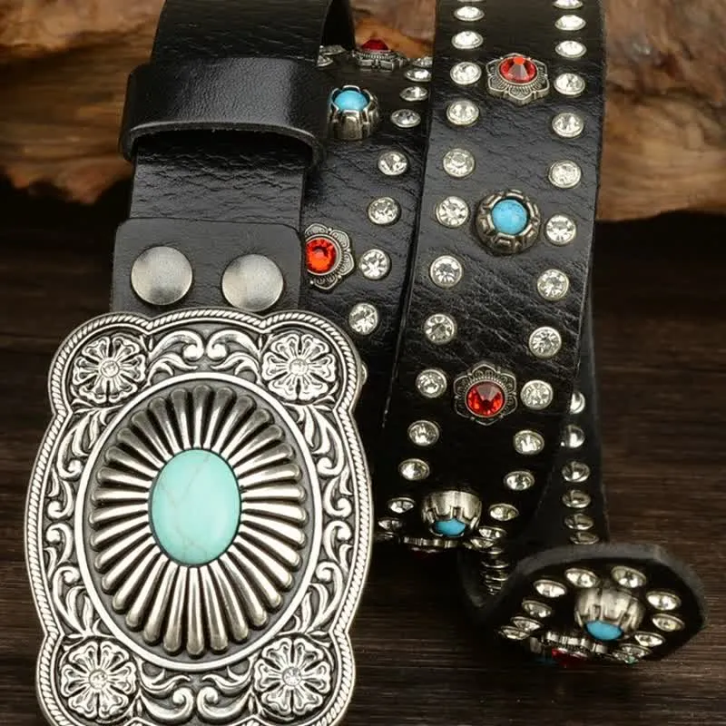 Gothic Red & Blue Gem Rivets Retro Black Leather Belt sold by FloralTrip product image thumbnail 4