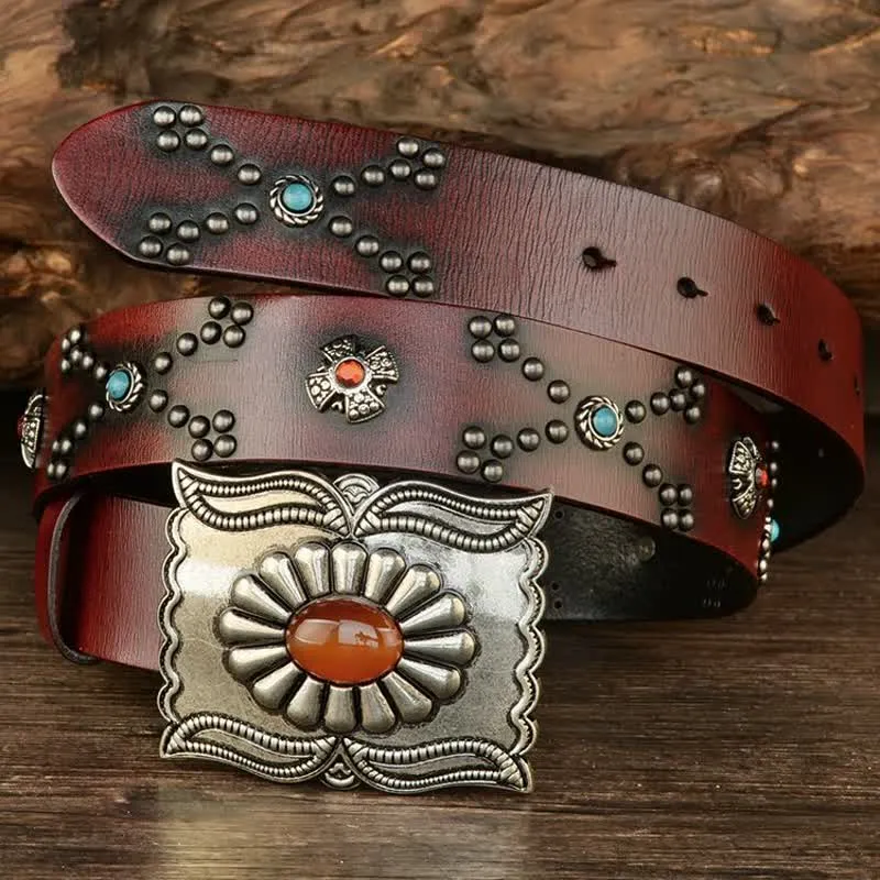 Colorful Gems Stone-Decorated Western Rivets Leather Belt sold by FloralTrip product image thumbnail 3