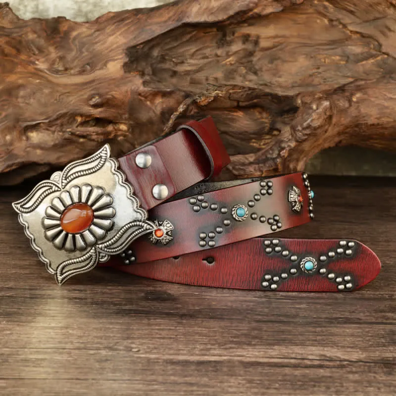 Colorful Gems Stone-Decorated Western Rivets Leather Belt sold by FloralTrip