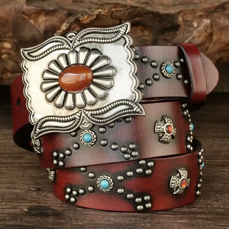 Colorful Gems Stone-Decorated Western Rivets Leather Belt sold by FloralTrip product image thumbnail 2