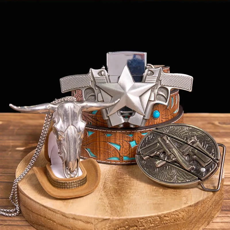 DIY Dual Guns Hidden Knife Belt Buckle Bull Pendant Kerosene Lighter Bundle Set sold by FloralTrip