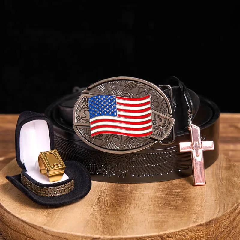 DIY American Flag Hidden Knife Belt Buckle Cross Necklace Blade Ring Bundle Set sold by FloralTrip