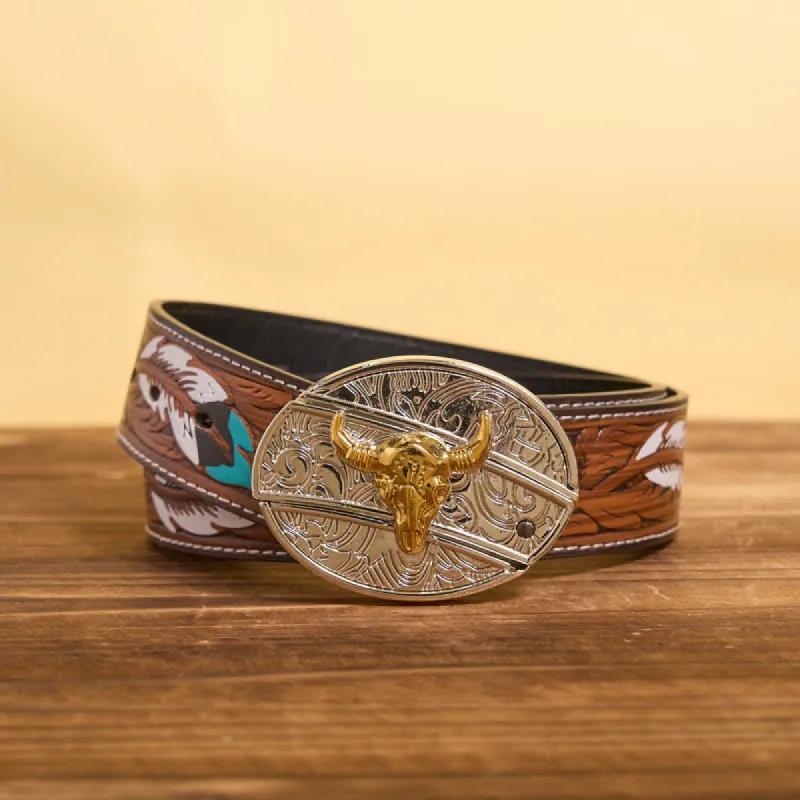 Men's DIY Gold & Silver Bull Hidden Folding Knife Leather Belt sold by FloralTrip