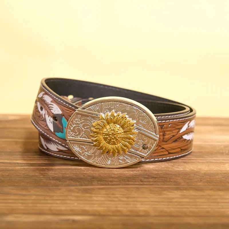 Men's DIY Gold & Silver Sunflower Hidden Folding Knife Leather Belt sold by FloralTrip