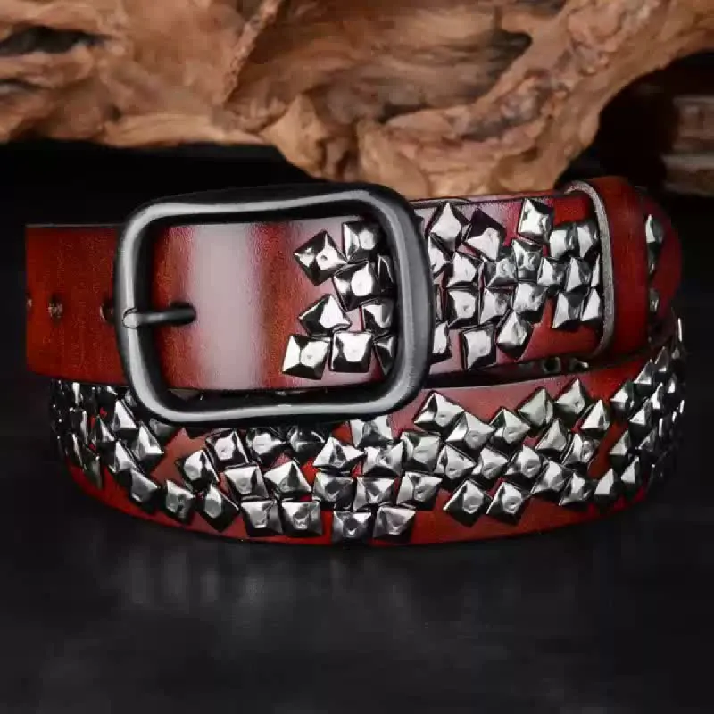 Irregular Arrangement Bright Pyramid Rivets Leather Belt sold by FloralTrip