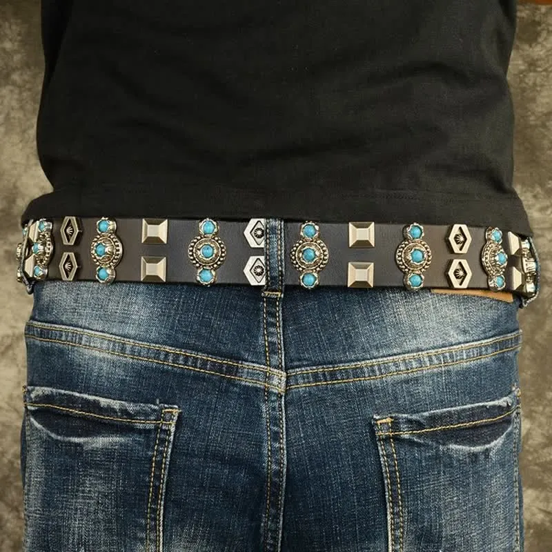 Stylish Turquoise Studded Geometric Rivets Leather Belt sold by FloralTrip product image thumbnail 3