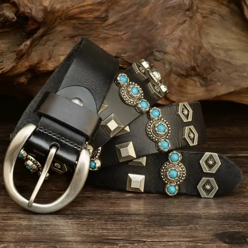 Stylish Turquoise Studded Geometric Rivets Leather Belt sold by FloralTrip