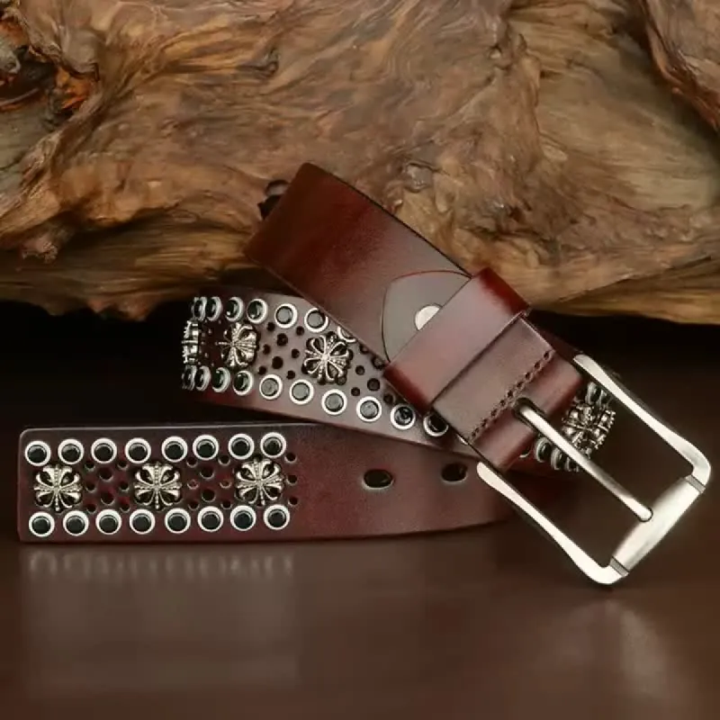 Hip-Hop Hollow Flower Vintage Studded Leather Belt sold by FloralTrip