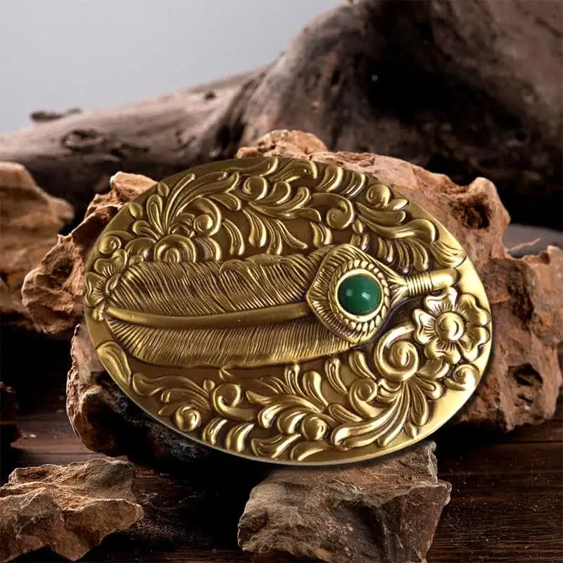 Brass DIY Carved Feather Stone Inlaid Buckle Leather Belt sold by FloralTrip
