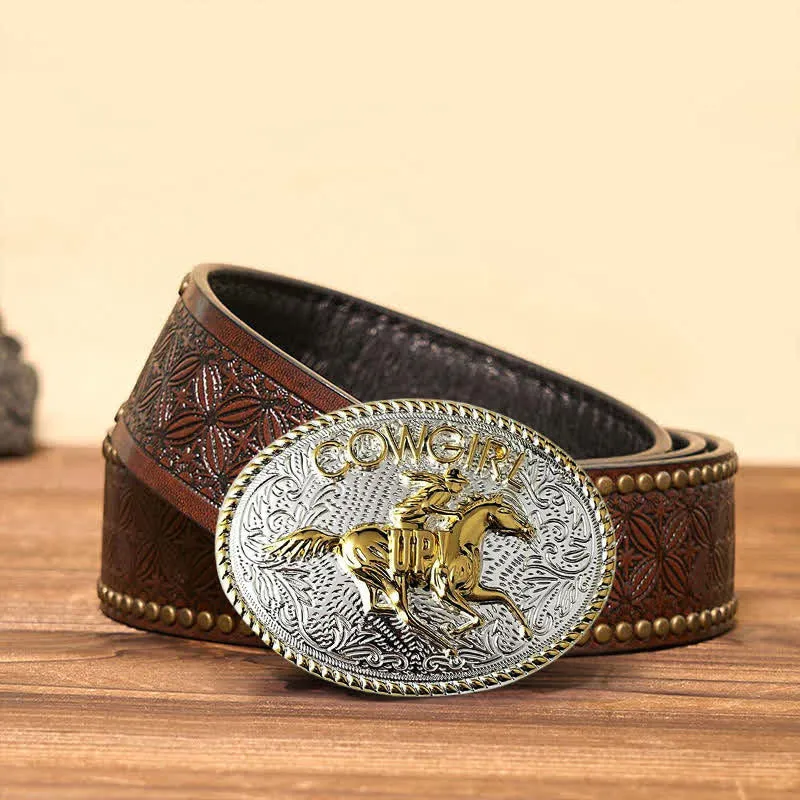Cowgirl DIY Gold & Silver Horseback Riding Buckle Leather Belt sold by FloralTrip product image thumbnail 4