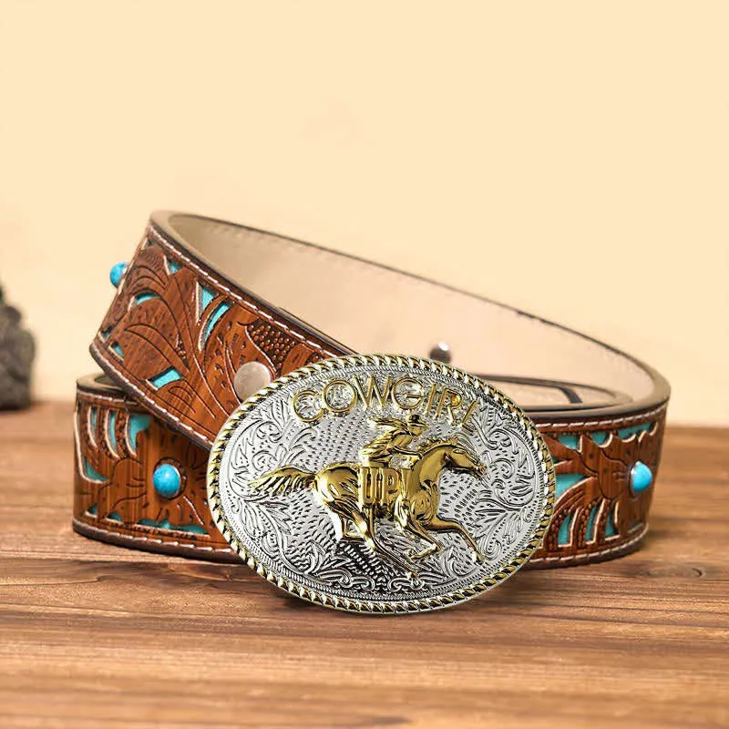 Cowgirl DIY Gold & Silver Horseback Riding Buckle Leather Belt sold by FloralTrip product image thumbnail 3