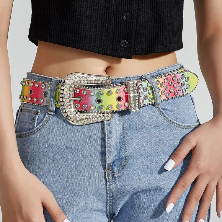 Women's Colorful Rainbow Rhinestone Leather Belt sold by FloralTrip product image thumbnail 2