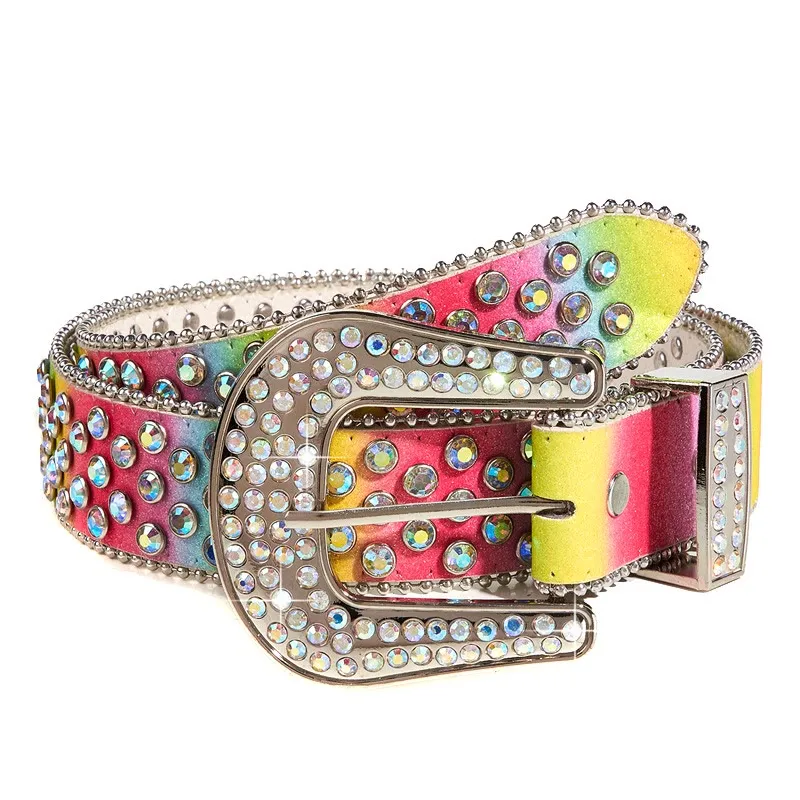 Women's Colorful Rainbow Rhinestone Leather Belt sold by FloralTrip