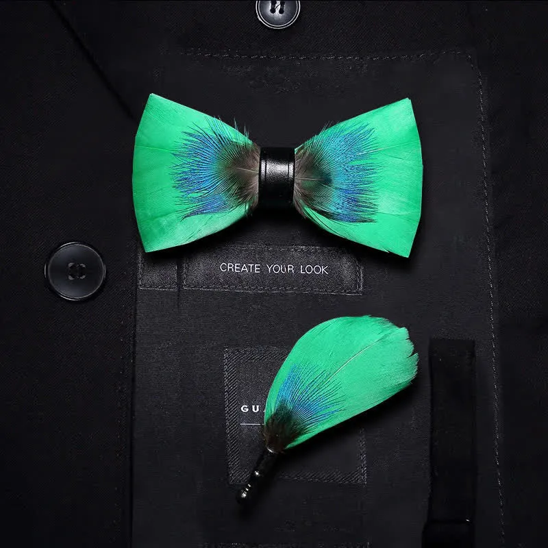 Kid's Blue & Green Novelty Feather Bow Tie with Lapel Pin sold by FloralTrip