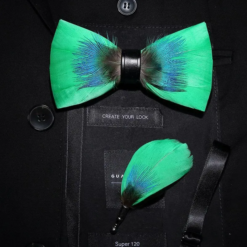 Kid's Blue & Green Novelty Feather Bow Tie with Lapel Pin sold by FloralTrip product image thumbnail 3