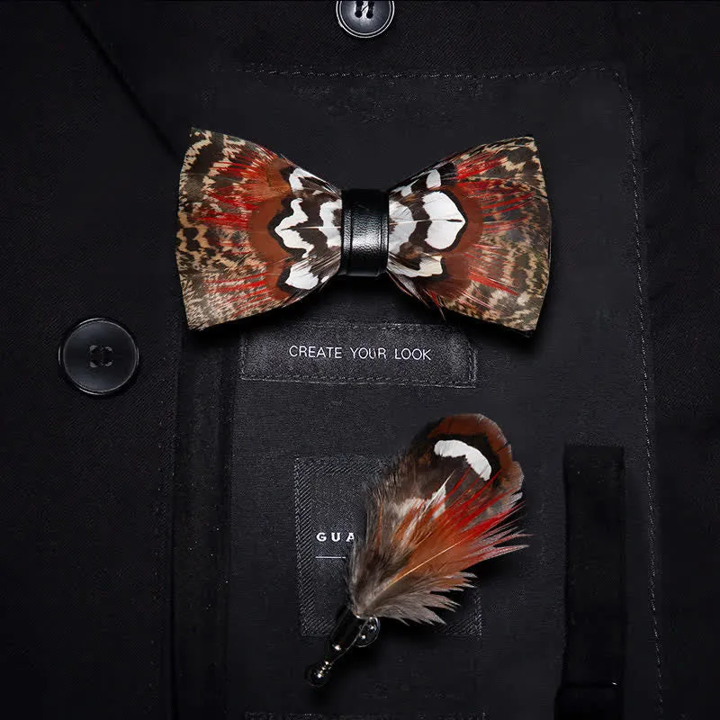 Kid's Brown & Red Feather Bow Tie with Lapel Pin sold by FloralTrip