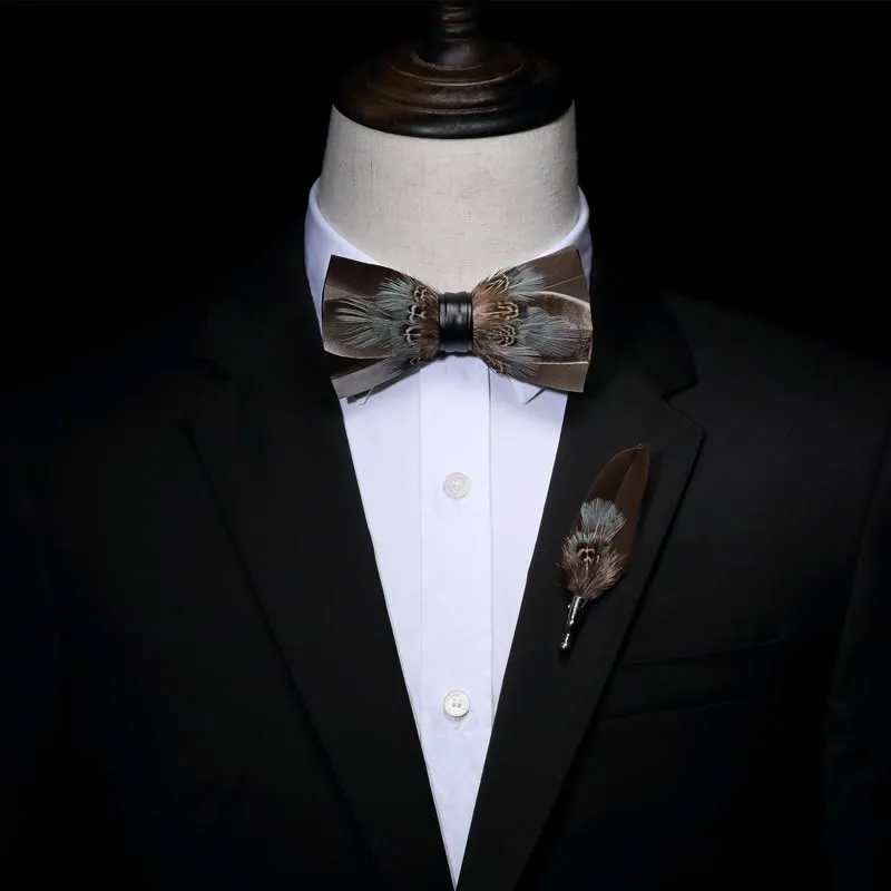 Kid's Brown Rustic Feather Bow Tie with Lapel Pin sold by FloralTrip product image thumbnail 4