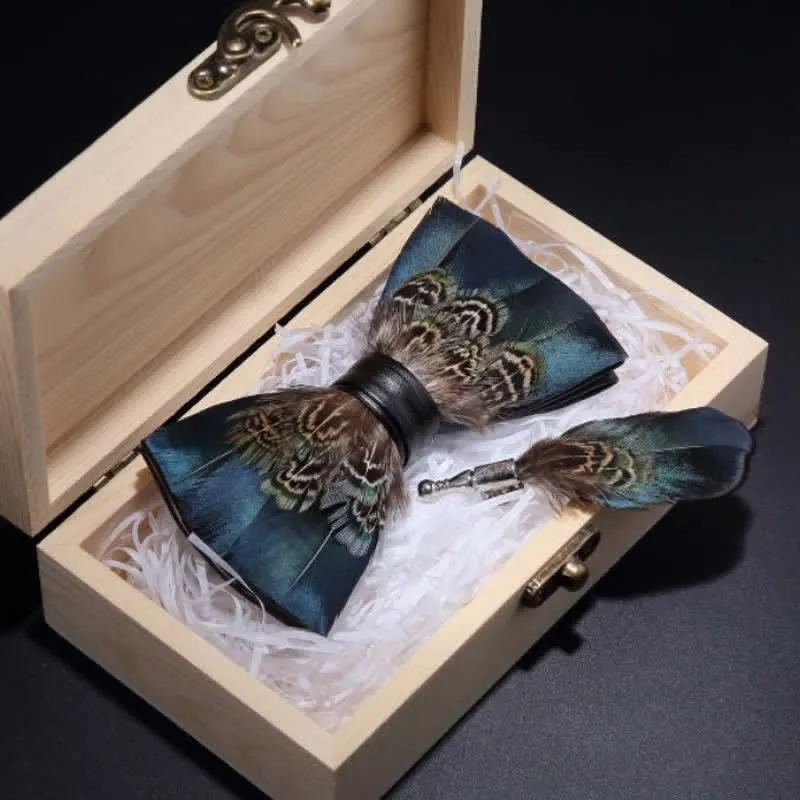 Kid's Green & Brown Vintage Feather Bow Tie with Lapel Pin sold by FloralTrip product image thumbnail 4