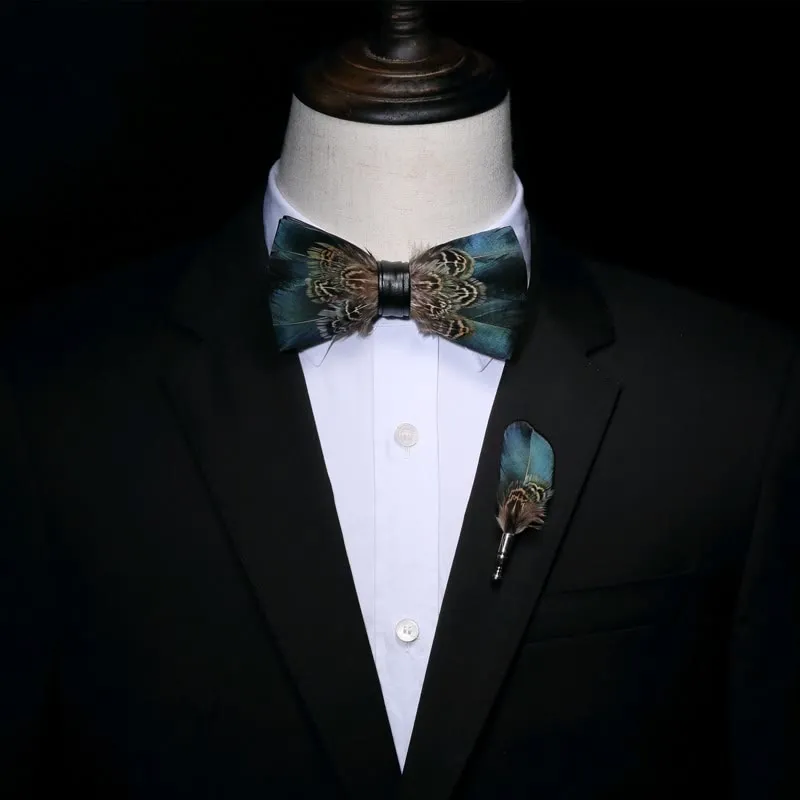 Kid's Green & Brown Vintage Feather Bow Tie with Lapel Pin sold by FloralTrip product image thumbnail 5