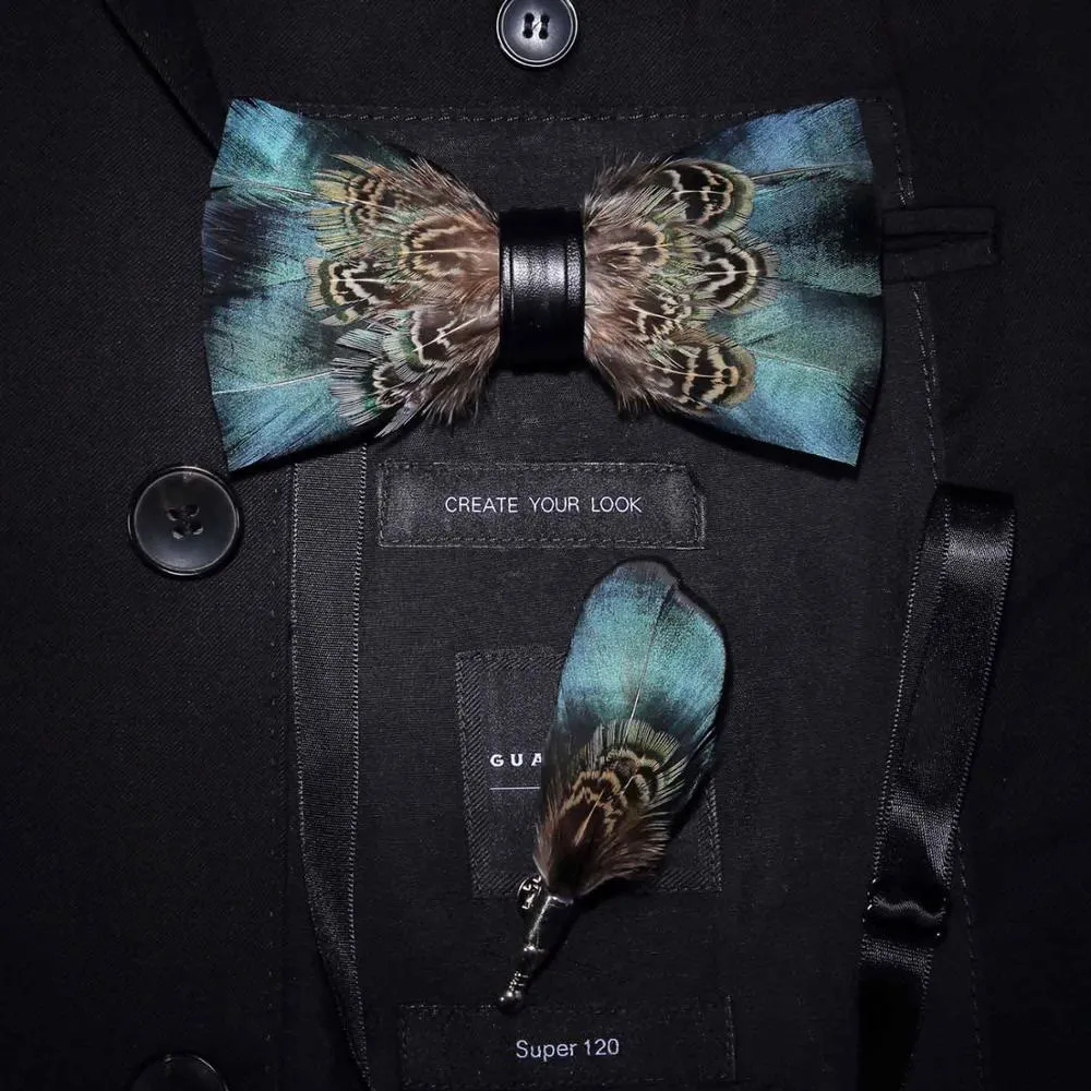 Kid's Green & Brown Vintage Feather Bow Tie with Lapel Pin sold by FloralTrip product image thumbnail 3