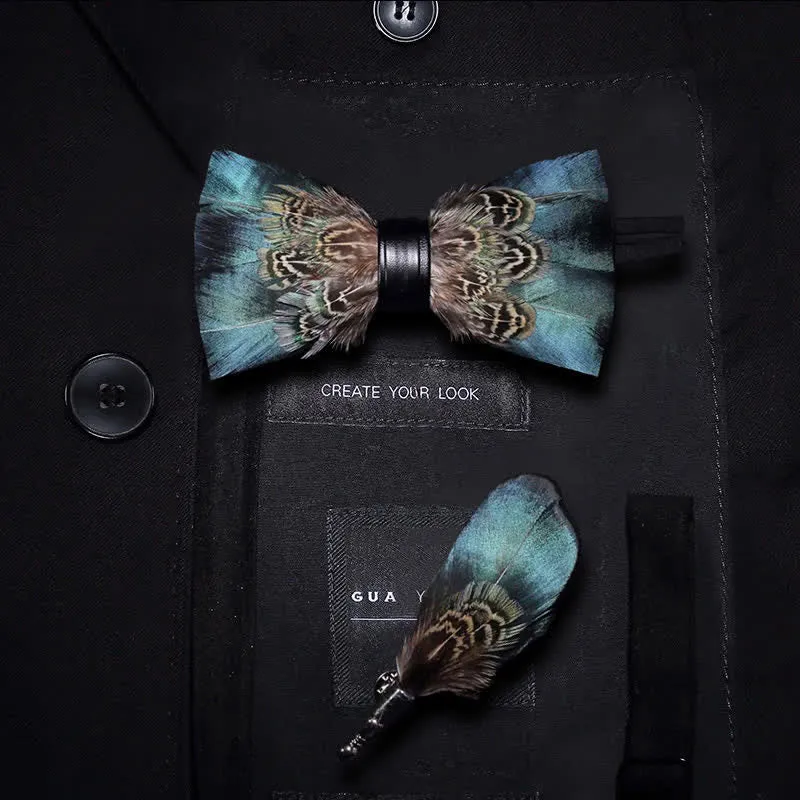 Kid's Green & Brown Vintage Feather Bow Tie with Lapel Pin sold by FloralTrip