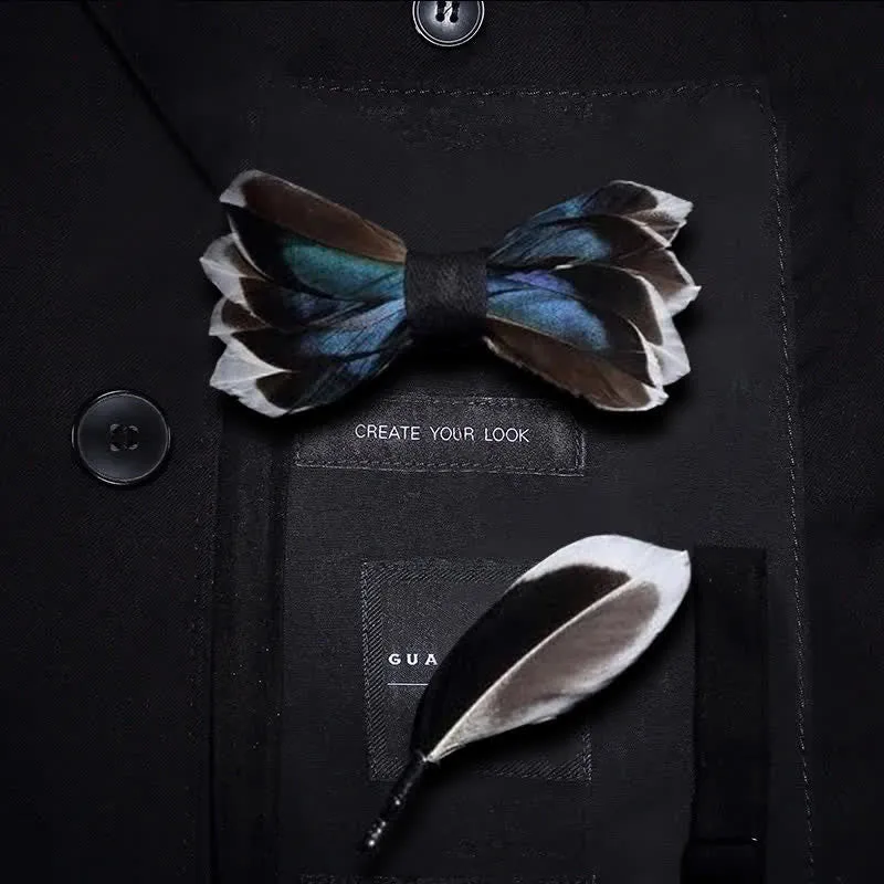 Kid's DarkBlue & Brown Graceful Feather Bow Tie with Lapel Pin sold by FloralTrip