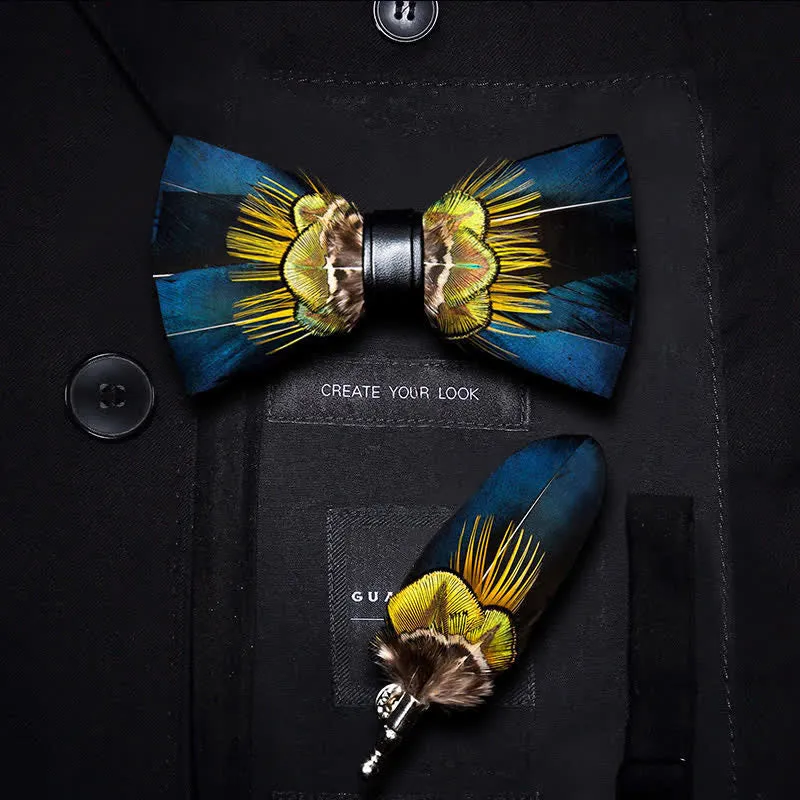Kid's Blue & Yellow Peacock Feather Bow Tie with Lapel Pin sold by FloralTrip