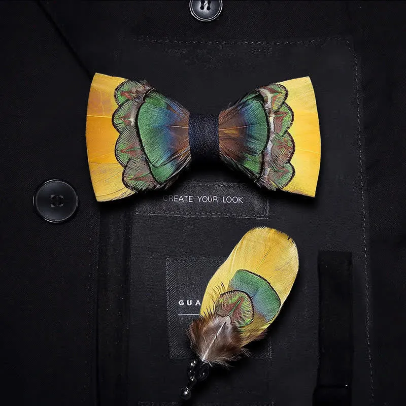 Kid's Bright Yellow & Green Peacock Feather Bow Tie with Lapel Pin sold by FloralTrip