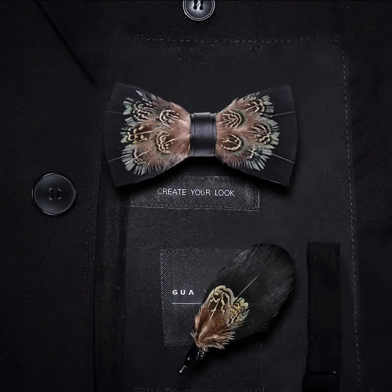Kid's Black & Brown Rich Pheasant Feather Bow Tie with Lapel Pin sold by FloralTrip