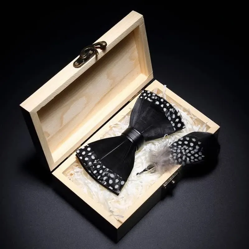 Kid's Black Polka-dotted Feather Bow Tie with Lapel Pin sold by FloralTrip product image thumbnail 2