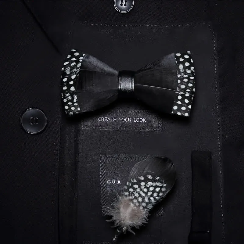 Kid's Black Polka-dotted Feather Bow Tie with Lapel Pin sold by FloralTrip