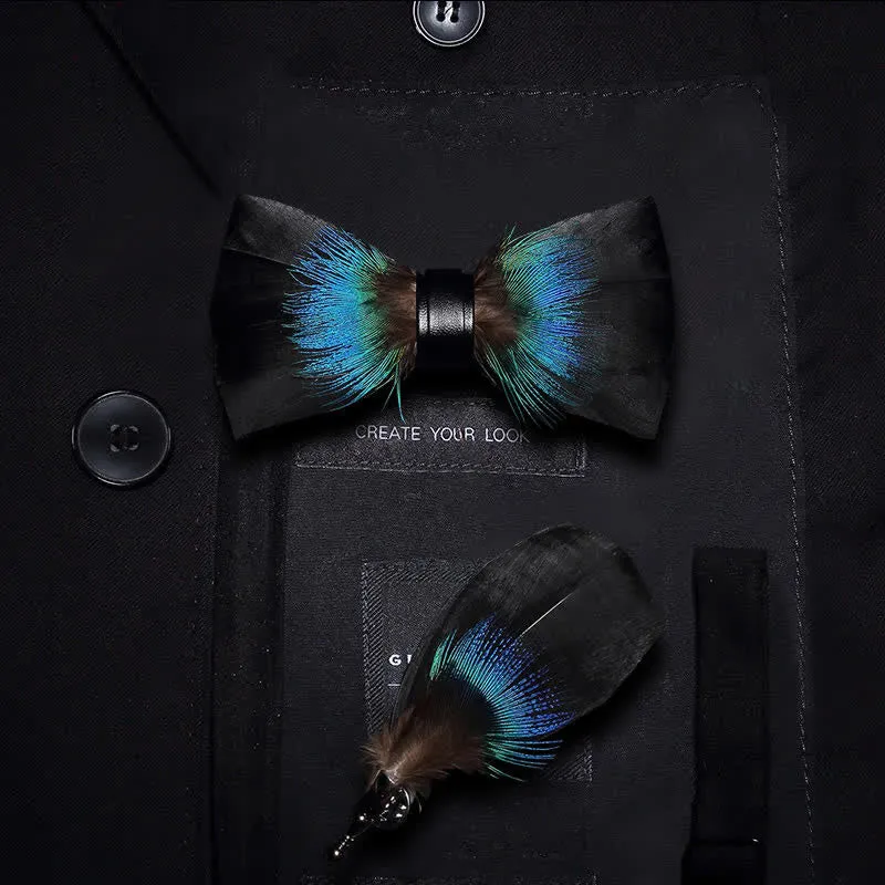 Kid's Black & Blue Versatile Feather Bow Tie with Lapel Pin sold by FloralTrip