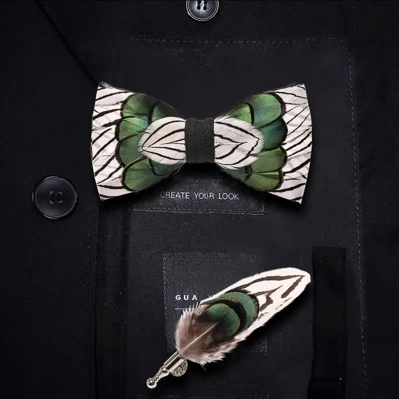 Kid's Green & White Forest Feather Bow Tie with Lapel Pin made by FloralTrip