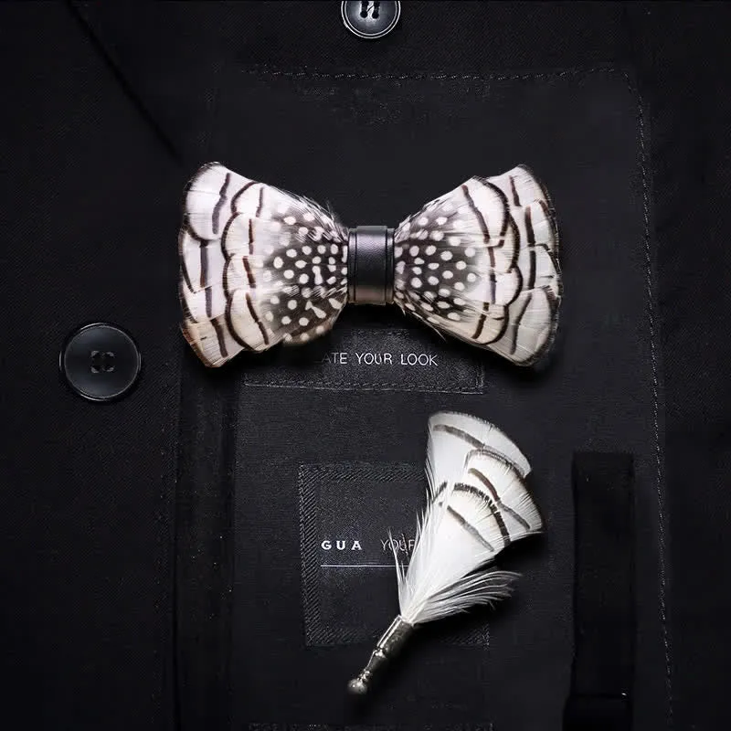 Kid's Bold Black & White Polka Feather Bow Tie with Lapel Pin sold by FloralTrip