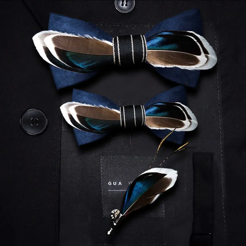 Kid's Navy Blue & Brown Vintage Feather Bow Tie with Lapel Pin sold by FloralTrip product image thumbnail 5